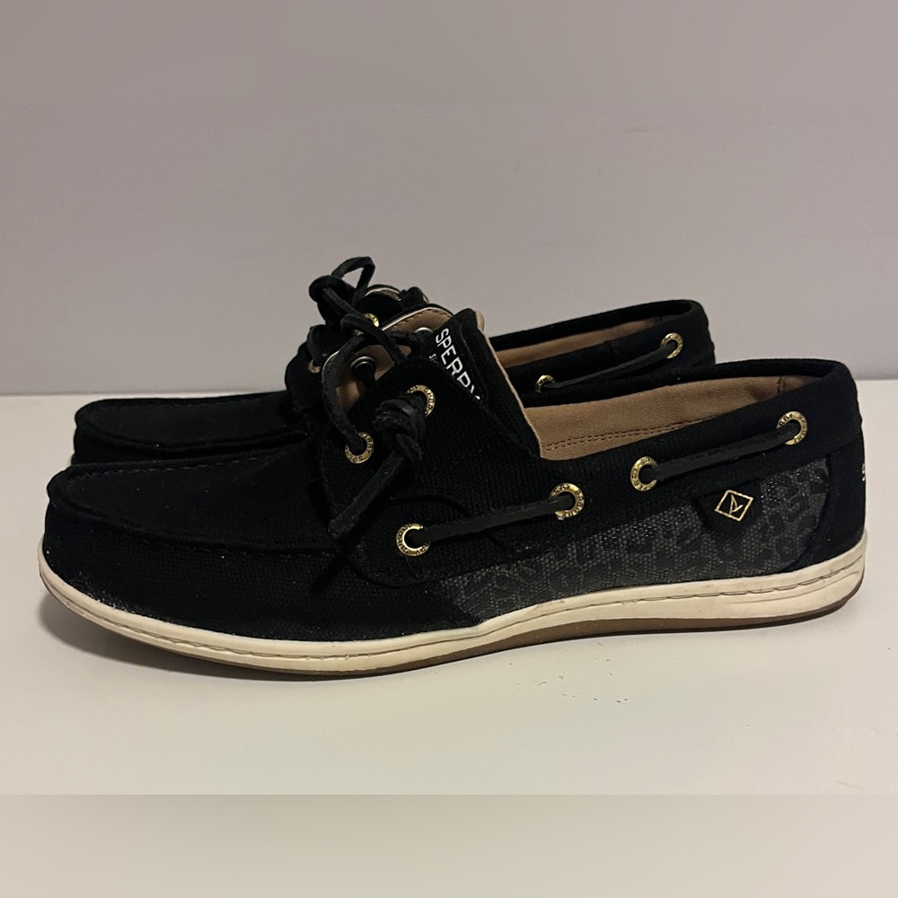 Women’s Sperrys- Black with leopard pattern size 9.5